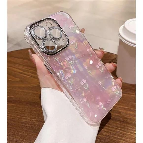 Iphone 16 16 Pro 16 Pro Max Cute Pink Tulip Floral Glitter Protective Cover - Picture 2 of 6